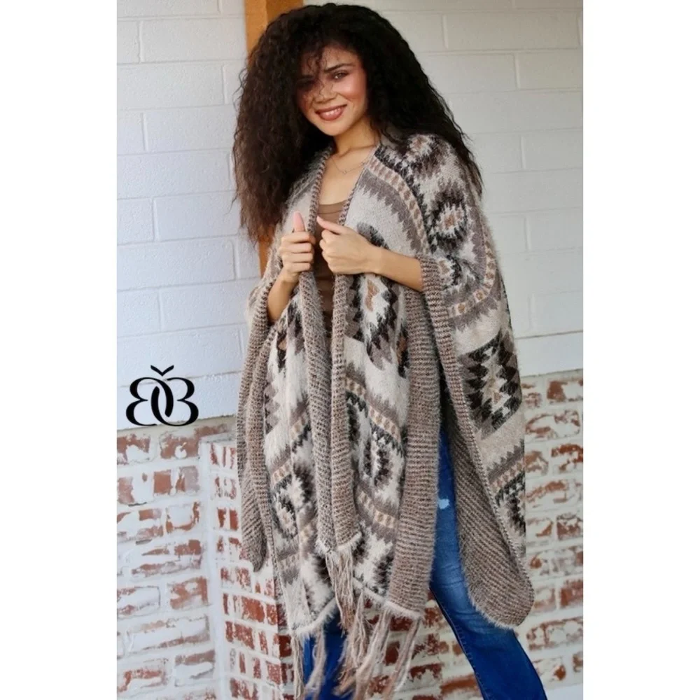 ANGIE Mocha & Taupe Soft Knit Fringed Ruana Sweater Wrap - Picture 3 of 8